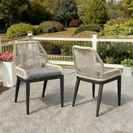 PURPLE LEAF Patio Dining Chair Set 2 Pieces Aluminum Modern Furniture Seating for Garden Kitchen Porch Outdoor Wicker Dining Chairs with Cushions, Dark Grey