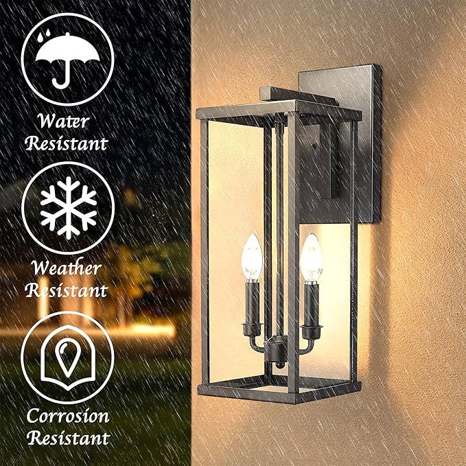Bestshared Outdoor Wall Sconce Lights, 20 Inch Tall Exterior Wall Lighting Fixtures with Clear Glass, Anti-Rust Modern Black Outside Lantern Lamp for House Front Porch Patio(Black,20 in Height-2PACK)