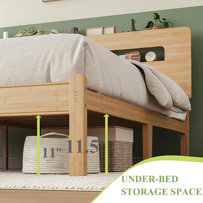 ZIYOO Solid Bamboo Wood Full Size Bed Frame with Storage Headboard, 14 inch Platform Bed Frame Full No Box Spring Needed with Steel Slats, Sturdy and Stable, Easy Assembly, Noise Free