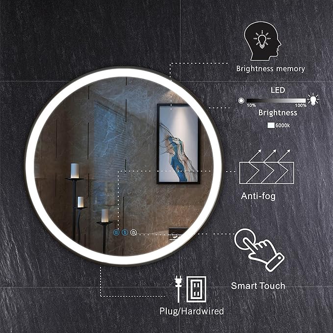 24 Inch Black Round Lighted Vanity Mirror with Lights Black Frame Round LED Mirror for Bathroom Wall Antifog 3Color Adjustable Brightness Frontlit 24" Black Framed Circle LED Light up Mirrors