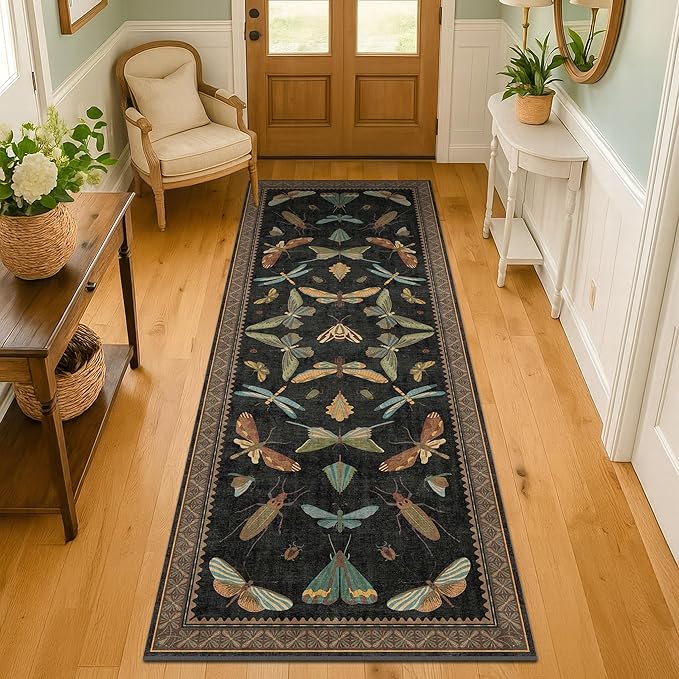 Dark Black Boho 2x10 Rug Runners for Hallways, Washable Non Slip Long Runner Rug for Kitchen, Entryway, Low Pile & Soft Stain Resistant Vintage Home Décor