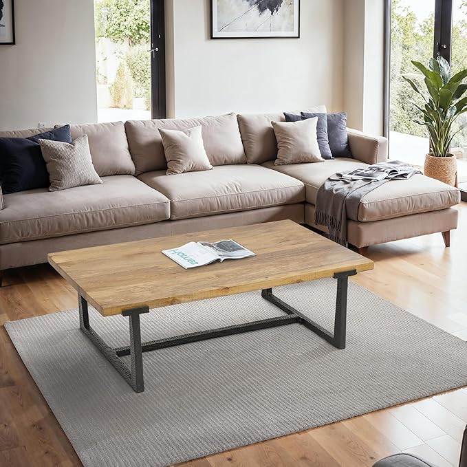 The Urban Port Marlon 48" Coffee Table | Handmade Aluminum Cast Frame | Natural Solid Mango Wood Top, Black and Brown