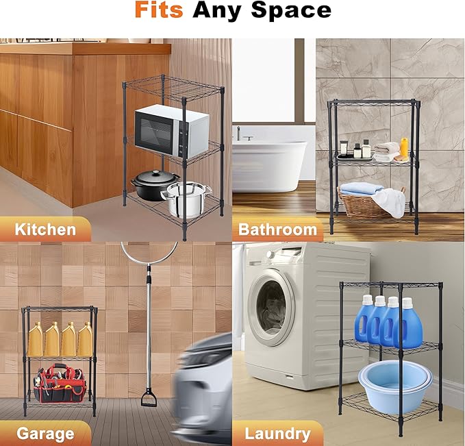 Whitmor 3 Tier Storage Shelves, Heavy Duty Metal Shelving, 400 lbs Capacity per Shelf, 1200 lbs Total, Easy Assembly for Kitchen, Garage, Plant, 18" L x 12" W x 26.4" H, Black