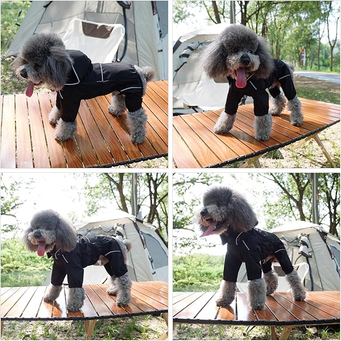 LOVELONGLONG Waterproof Dog Raincoat with Removable Hood – Outdoor Full Body Dog Jacket, Windproof Snowproof Shell Suit – All Season Pet Rain Gear Black XXS