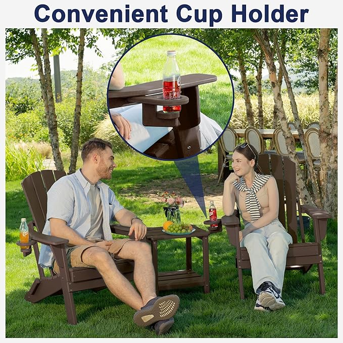 Plawdlik Folding Adirondack Chair, SGS Tested, Wooden Textured with Cup Holder, Heavy All-Weather HDPE Comfortable Set Poolside Backyard Lawn Coffee