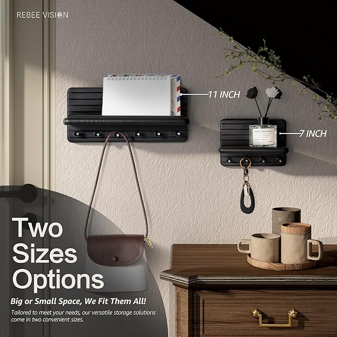 Rebee Vision Decorative Key Holder Wall Mount for Room Decor Aesthetic – Chic 11-Inch Wooden Key Holder for Wall with 6 Hooks & Floating Shelf - Elegant Home Organization Accent (Black)