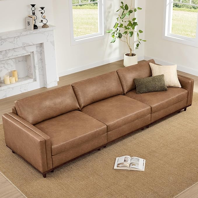 CHITA 118" Super Large Luxury 3 Seat Sectional Modular Sofa, FSC Certified Down Filled Modern Sofa, Deep Seat Comfty Cloud Couch, 3 Seat Couch, Solid Wood Leg, Faux Leather in Camel