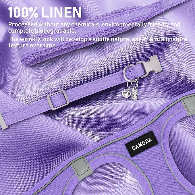 GAMUDA Small Pet Harness Collar and Leash Set, Step in No Chock No Pull Linen Fabric Soft Mesh Dog Vest Harnesses Reflective for Dogs Puppy Cats Kitten Rabbit (Purple, M)
