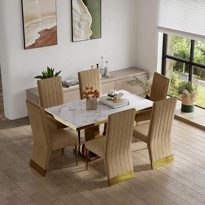 AUZ Dining Chairs with Nail Head Trim, Modern Velvet Upholstered Dining Room Chairs in Lovely Color with Polished Gold Stainless Steel Legs, Set of 2