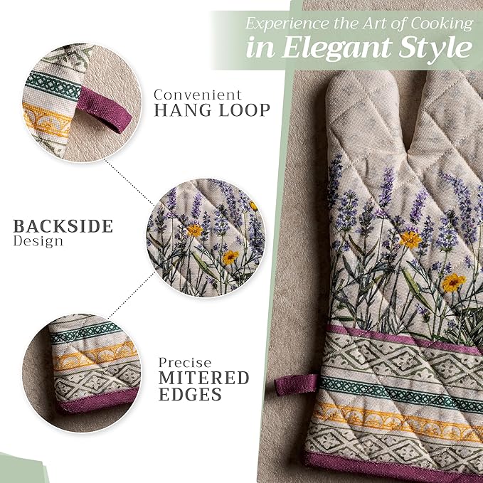 Maison d' Hermine Oven Gloves 100% Cotton Oven Mitt 7" x 13" with Loop Heat Resistant, BBQ, Cooking Gloves, Baking, Grilling, Kitchen, Handling Hot Pans Spring/Summer (Pack of 1, Fanny Lavender)