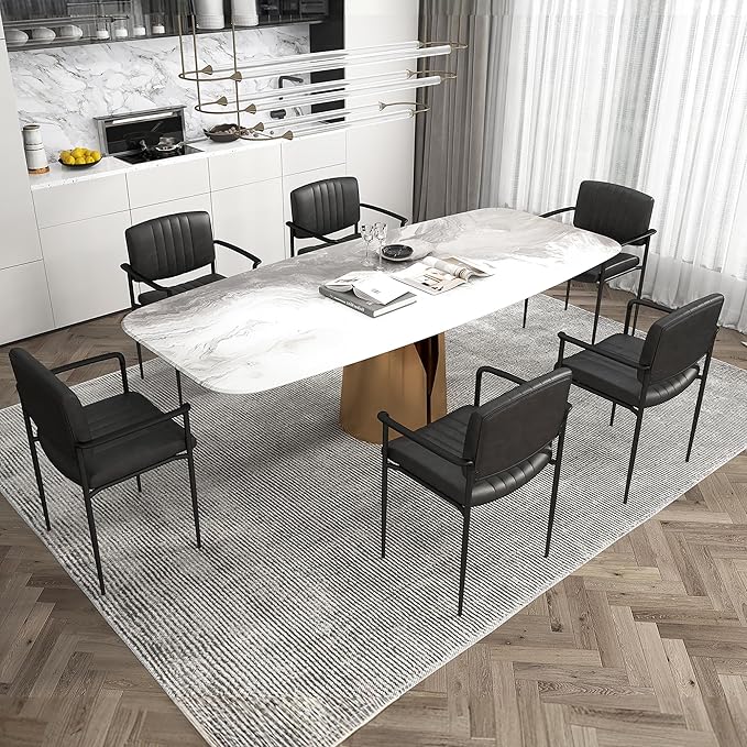 Mid-Century Modern PU Leather Dining Chairs Set of 4, Upholstered Kitchen Chairs with Arms and Metal Legs Adjustable Feet for Kitchen Dining Room(Black)