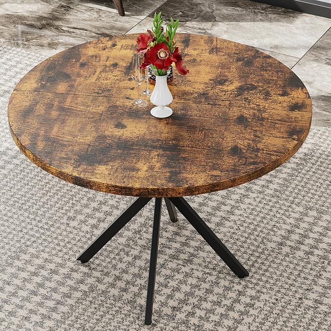 Round Dining Table: 39" Modern Brown Table with Black X Base for 4-5 People, Perfect for Small Spaces & Apartments