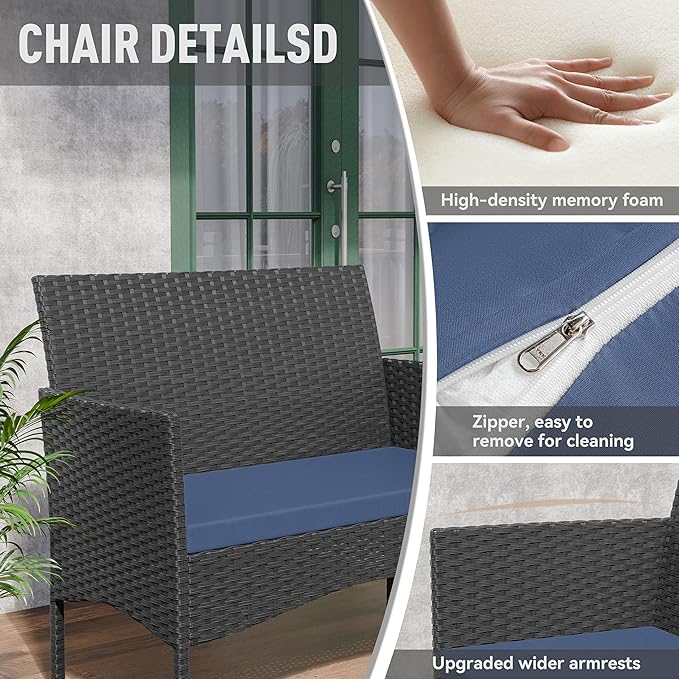 Kurapika Patio Furniture Set 4 Pieces Outdoor Wicker Rattan Chairs Conversation Sets w/Coffee Table, Rocking Bistro Set, for Deck,Patio,Backyard,Lawn (Navy Blue)