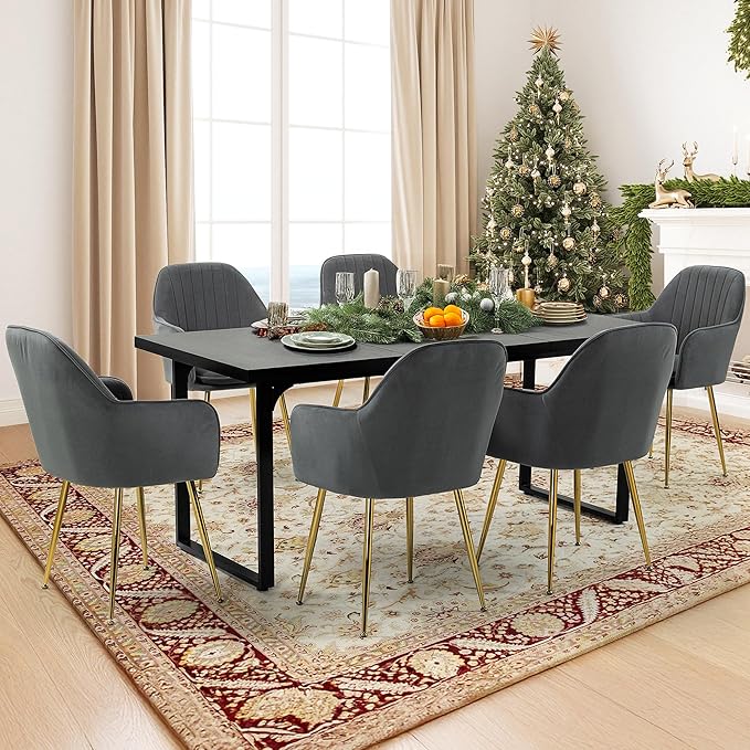ECOTOUGE Matte Velvet Dining Chairs Set of 6, Modern Arm Chair with Golden Metal Legs, Living Room Accent Chairs for Kitchen, Grey