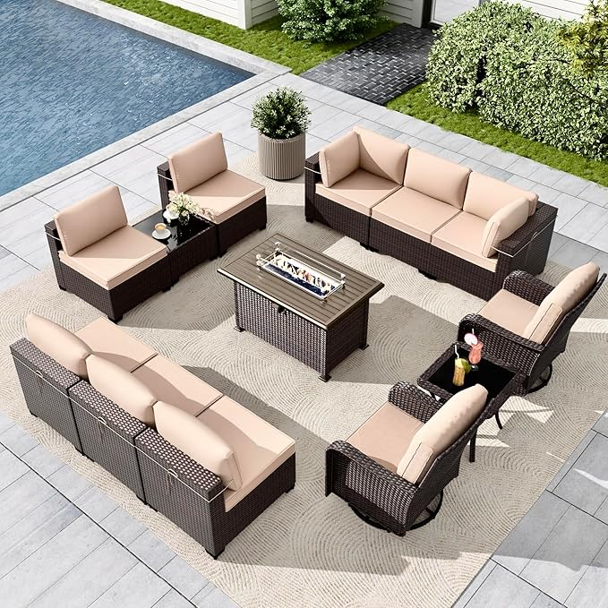 Gotland 13 Pieces Patio Furniture Set with Fire Pit Table Swivel Chairs, PE Rattan Outdoor Furniture Set with 29.5'' High Backrest 4’’ Thick Cushions Coffee Table, Patio Set for Porch, Deck, Khaki