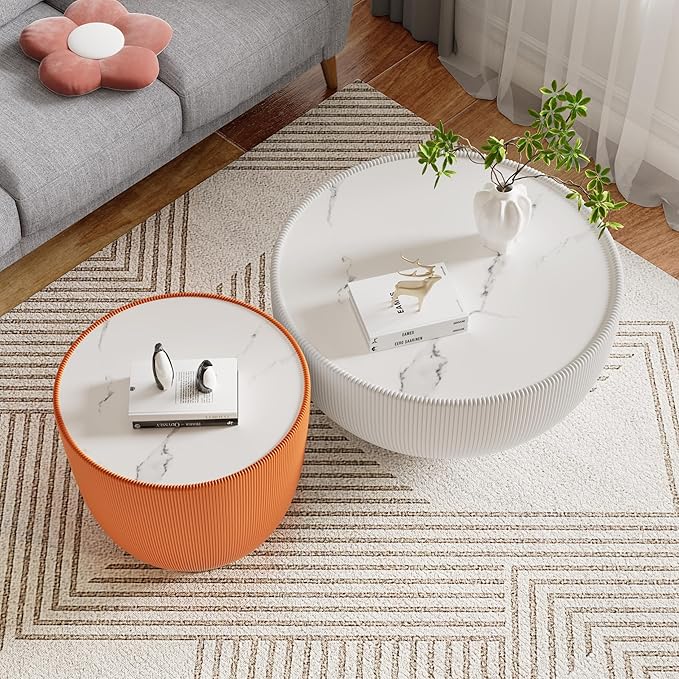 Round Coffee Table Set with Sintered Stone Tabletop, 27.56" White Drum Center Table and 19.69" Orange Coffee Table Set, 2 Pieces Living Room Table Set with Fluted PU Leather Cover& Metal Base