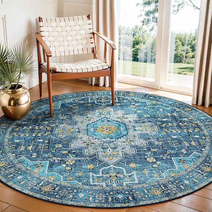 Moynesa Ultra-Thin Washable 5ft Round Rug - Teal 5x5 Circle Rugs for Living Room, Vintage Dining Room Mat Stain Resistant Nursery Carpet for Bedroom Mudroom Kitchen Apartment Home Office