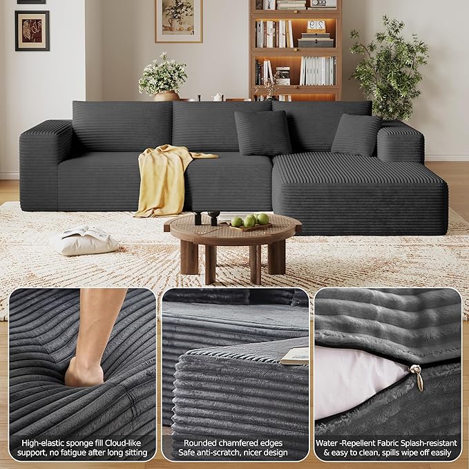 108'' Modular Sectional L-Shaped with Chair,Deep Seat Boneless Corner Couch for Living Room,Plush Corduroy Couch with Detachable Sofa Set,No Assembly(Right Facing Chaise，Gray)