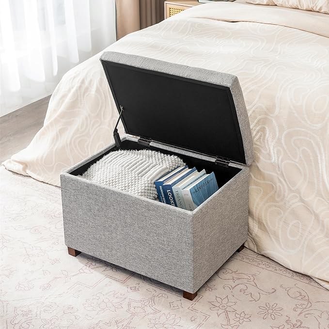 Joveco 24" Linen Storage Ottoman Bench, Rectangle Foot Rest Stool for Living Room, Bedroom, Entryway, Linen Gray