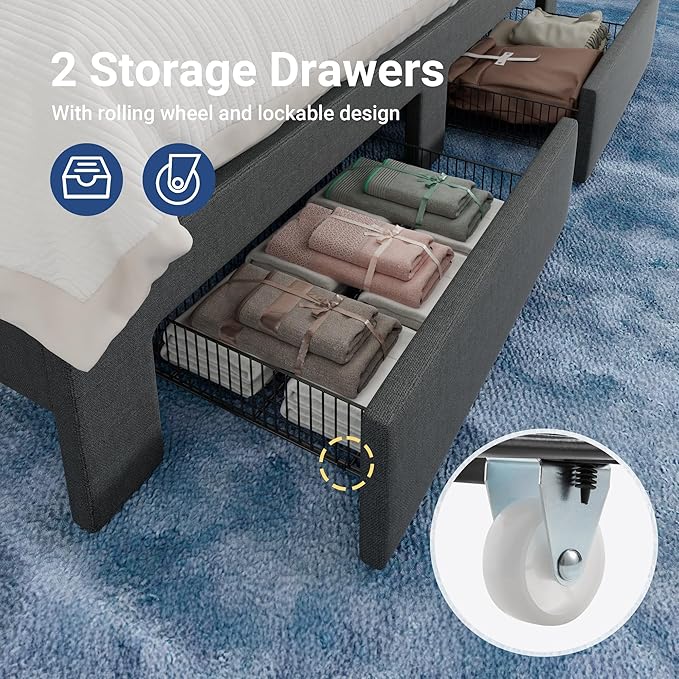 Allewie Vertical Tufted Full Size Upholstered Platform Bed Frame with 2-Tier LED Storage Headboard & 2 Storage Drawers, USB & Type-C Charging Ports, Noise-Free/No Box Spring Needed, Dark Grey