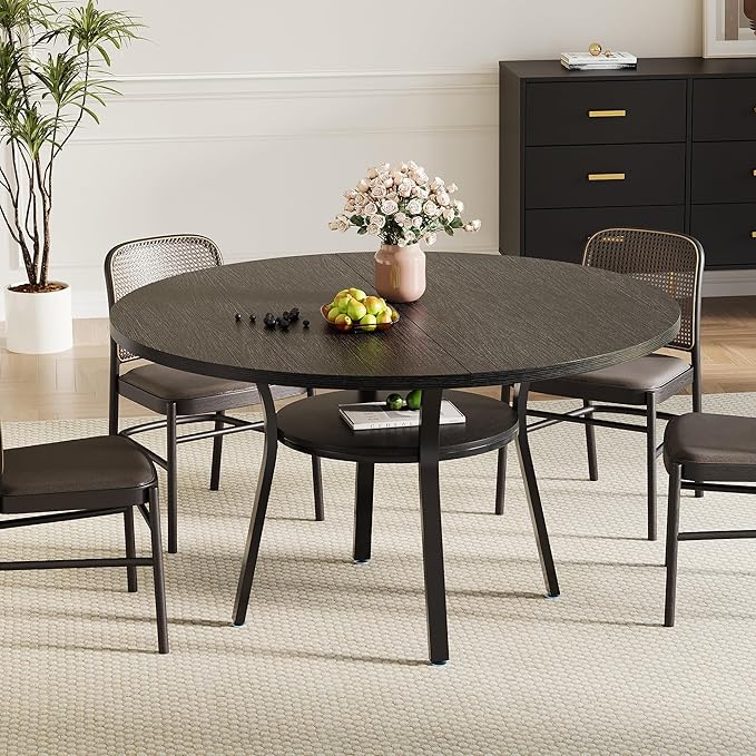 IDEALHOUSE Round Dining Table for 4-6, 47 Inch Kitchen Table with Sturdy Metal Frame, Space Saving Circle Dining Room Table for Small Space (Table Only), Black