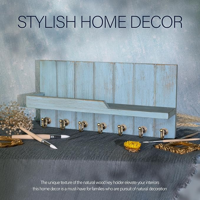 Rebee Vision Decorative Key Holder Wall Mount - Modern Farmhouse Key and Mail Holder for Wall with Shelf and 7 Key Hooks for Mail Organizer - Mid Century Aesthetic Room Decor (Distressed Blue)