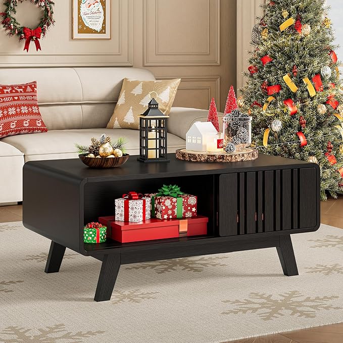 ONBRILL Coffee Table, Mid Century Modern Table with Storage Compartment, Fluted Table with Sliding Cabinet Door, Farmhouse Wood Coffee Table for Living Room (Black)