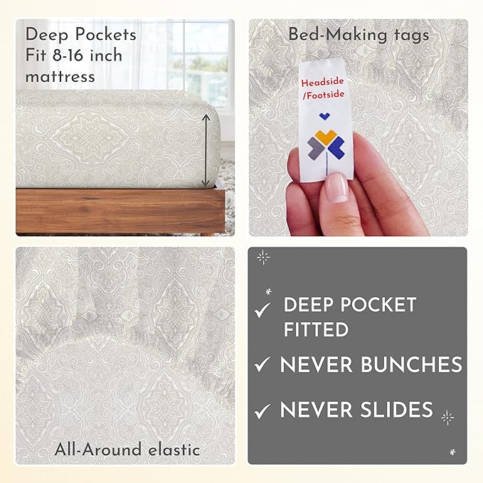 California Design Den California King Sheet Sets - 400 Thread Count Sateen, Natural 100% Cotton Sheets Set, Deep Pocket Cooling and Durable Bedding - Paisley Pattern, Beige