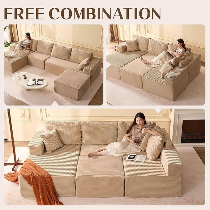 138" Boneless Couch with Deep Seat, Modular Sectional Sofa, Cloud Sectional Couch for Living Room, No Assembly Required, Corduroy, U-Shape 4 Seater Left, Camel