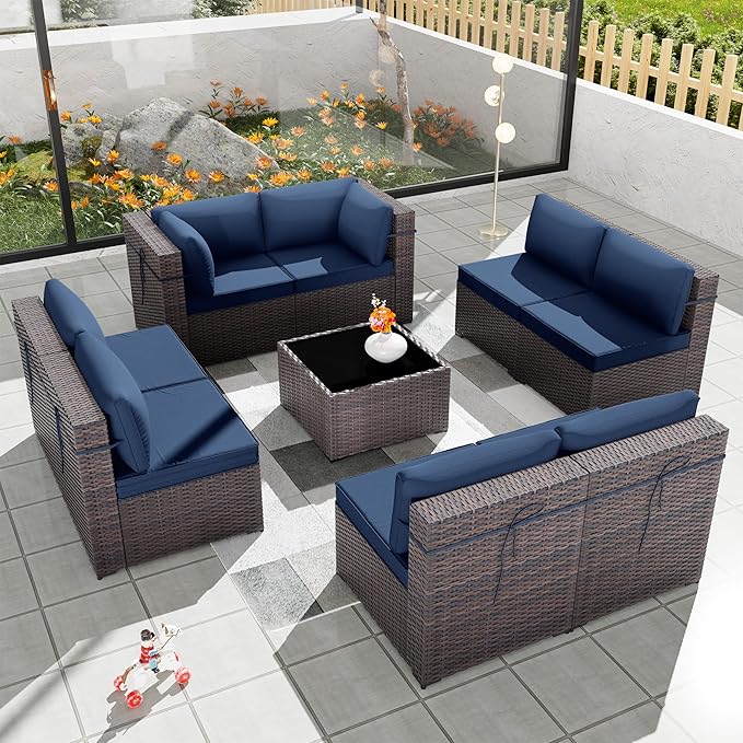 Kurapika 9 Pieces Patio Furniture Set, Rattan Wicker Outdoor Conversation Sets w/4in Cushion and Glass Coffee Table(Navy Blue)