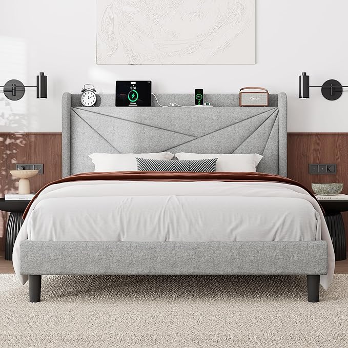 Feonase Full Bed Frame with Charging Station, Linen Upholstered Platform Bedframe with Wingback Headboard, Solid Wood Slats Support, Noise Free, No Box Spring Needed, Light Grey