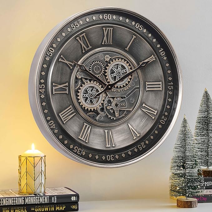 CLXEAST 24 Inch Large Moving Gear Wall Clock for Living Room Decor, Antique Silver Metal Roman Numerals Wall Clocks for Home Office
