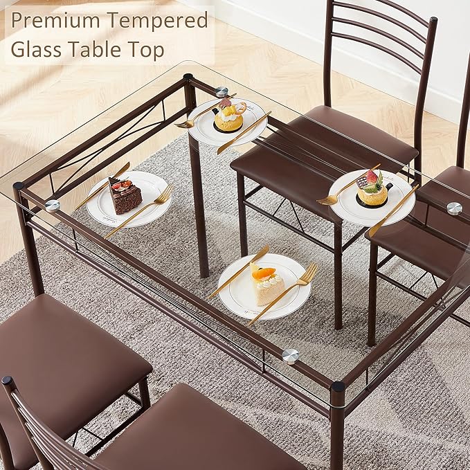 VECELO Kitchen Dining Room Table and Chairs [4 Placemats Included] 5-Piece Dinette Sets, Space Saving (Brown)