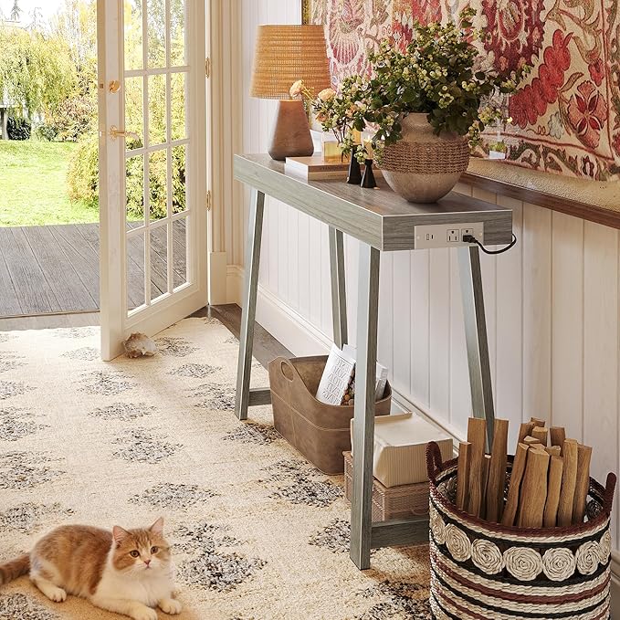 Huuger Entryway Console Table with Charging Station, USB-C Port, 39.4 Inch Sofa Table with Metal Legs, Entry Hallway Table with Thicker Desktop, Modern Behind Couch Table, Grey