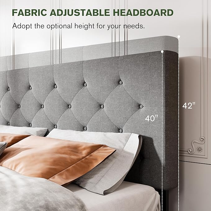 MUTICOR Queen Size Bed Frame with 4 Storage Drawers, Upholstered Platform Bed with Button Tufted Adjustable Headboard, No Box Spring Needed, Easy Assembly, Diamond Tufted, Light Grey Fabric