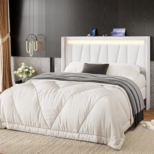 SHA CERLIN Full Size Bed Frame with Charging Station and LED Lights, Modern Velvet Platform Bed with Upholstered Geometric Wingback Headboard, No Box Spring Needed, Easy Assembly, White
