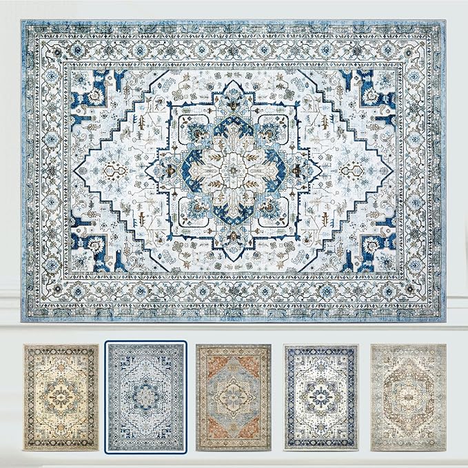 Area Rugs for Living Room 10x12 - Large Machine Washable Vintage Oriental Soft Rug, Low Pile Thin Carpet with Non Slip Backing for Bedroom, Dorm, Under Dining Room Table, Indoor House, Office Decor