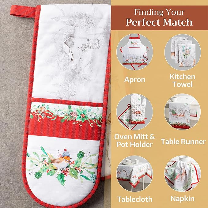 Maison d' Hermine Double Oven Mitt (7" x 35") 100% Cotton Heat Resistant BBQ Cooking Gloves with Loop for Thanksgiving Christmas Decorations Baking Cooking Handling Hot Pan (Christmas Tradition)