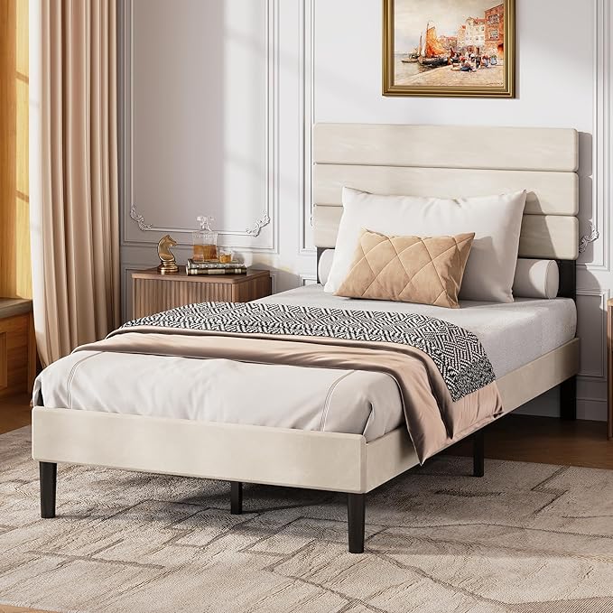 WLIVE Twin Size Upholstered Bed Frame, Velvet Square Tufted Headboard,Sturdy Metal & Wooden Slats Support, No Box Spring Needed, Light Grey