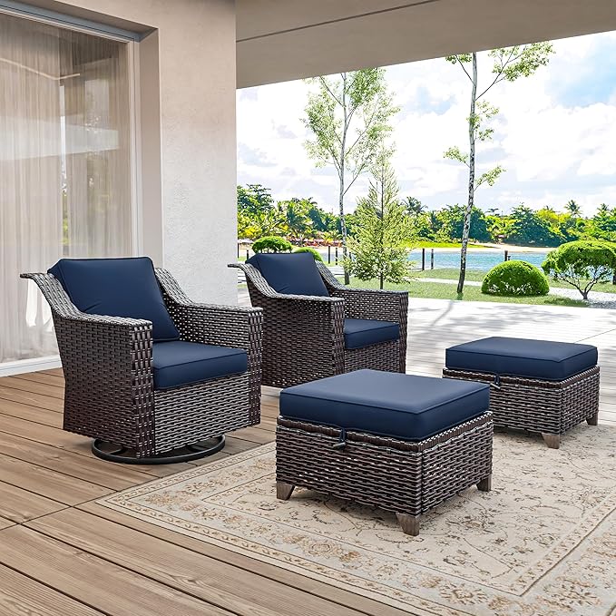4 Pieces Wicker Patio Furniture, Luxury Outdoor Furniture with 2 Patio Swivel Chai and 2 Patio Ottoman, Wide Armrest, Thickened Cushions, Ideal for Deck, Porch Use