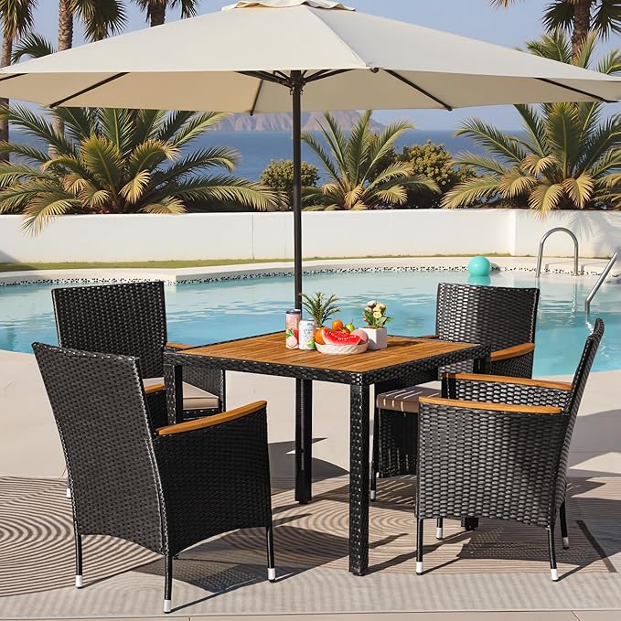 Greesum 5 Pieces Outdoor Patio Dining Set, Conversation Sets with 1 Table and 4 Rattan Chairs with Curved Acacia Wooden Armrests and Cushions, Black
