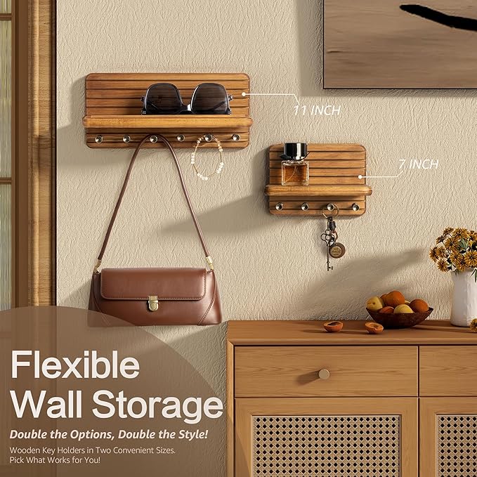 Rebee Vision Small Key Holder Wall Mount for Home Decor – Decorative 7-Inch Pine Wooden Key Holder for Wall with 4 Hooks & Mini Floating Shelf - Modern Farmhouse Home Organization (Light Brown)