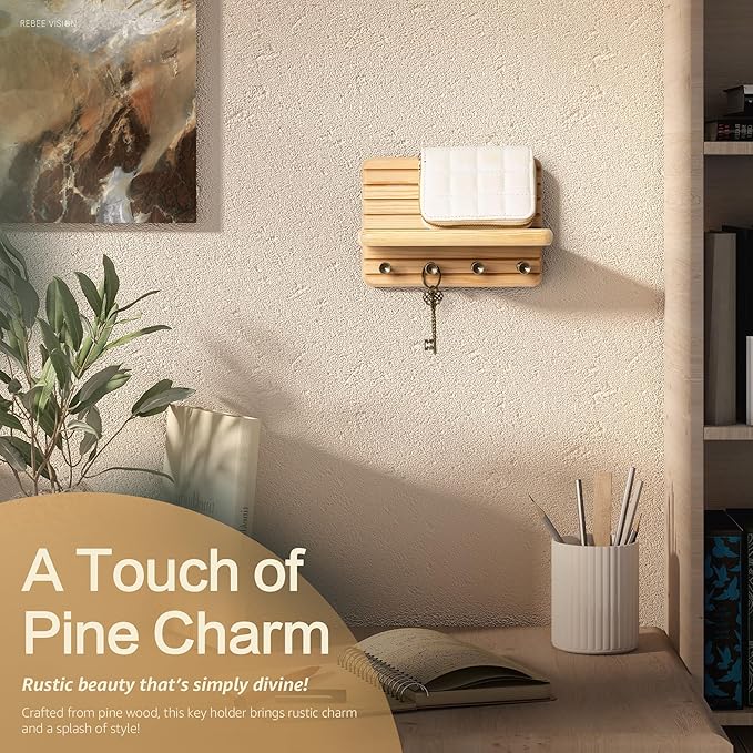 Rebee Vision Small Key Holder Wall Mount for Home Organization – Decorative 7-inch Pine Wooden Key Holder for Wall with 4 Hooks & Floating Shelf - Stylish Home Decor Solution (Natural Wood)
