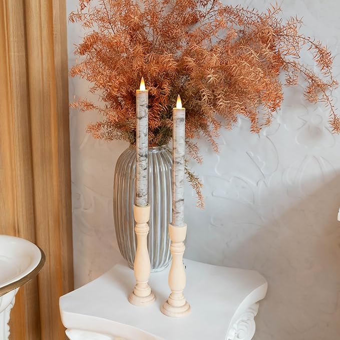 Flameless Taper Candles Flickering with Remote and Timer, 3D Moving Flame Taper Candle Battery Operated to 400 Hours, 9 Inch Window Candles, (Birch Bark)