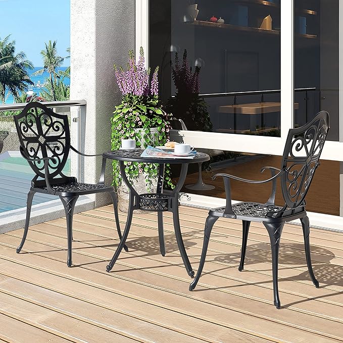 NUU GARDEN 3-Piece Outdoor Bistro Set, Round 24 Inch Cast Aluminum Bistro Table with 2.17" Umbrella Hole and 2 Cast Aluminum Bistro Chairs, for Patio, Garden, Backyard and Balcony, Black