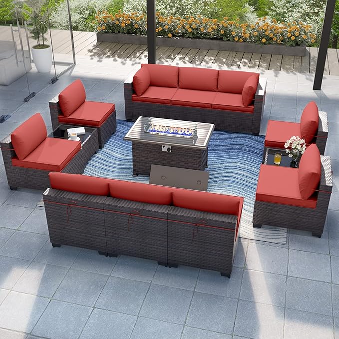 Kurapika 13 Pieces Patio Furniture Set, Rattan Wicker Outdoor Conversation Sets w/43in Propane Fire Pit Table and 4 Inch Cushion(Red)