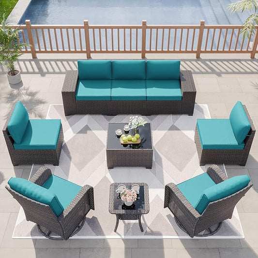 Kurapika 9 Pieces Patio Furniture Set, Rattan Wicker Sofa Set, Outdoor Conversation Sets w/Swivel Rocking Chairs Patio Sectional Sofa w/4 Inch Cushion, Blue