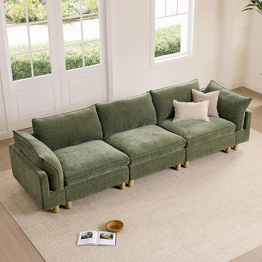 CHITA 127" Super Large Sectional Couches for Living Room, Modular Cloud Couch Sectional Sofa, Premium Fabric Couches, Down Filled, High Density Foam, Chenille in Green, 3 Seater