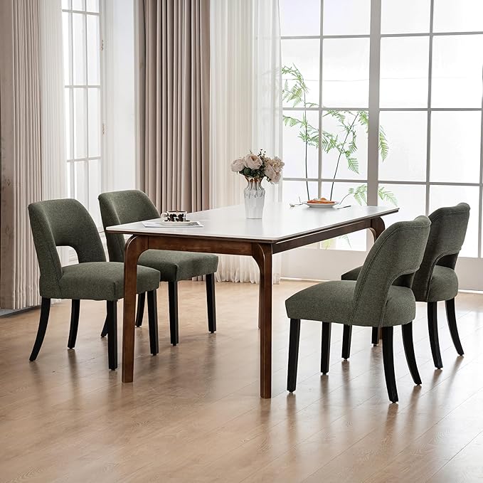 VKNOW Wooden Dining Chairs Set of 4, Modern Fabric Upholstered Dining Room Chair Kitchen Chairs, Farmhouse Dinner Chair for Kitchen Dining Room, Green-Black Legs