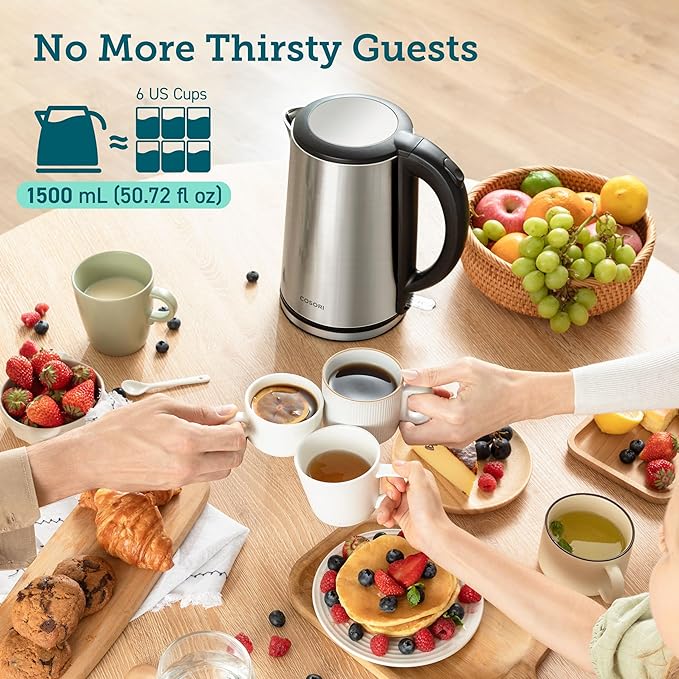 COSORI Electric Kettle, No Plastic Inner Lid, Filter and Spout, Double Wall Stainless Steel Keep Warm, Automatic Shut Off & Boil-Dry Protection, Durable Tea Kettle Boiler & Heater, 1.5L/1500W, Silver